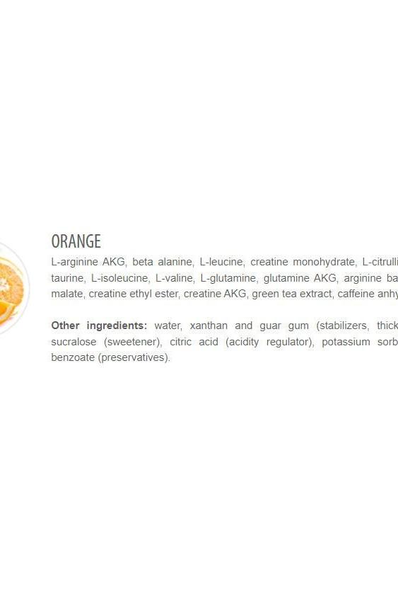 Nutrition ingredients list for Extrifit Hellgel in orange flavor, highlighting amino acids and other components.