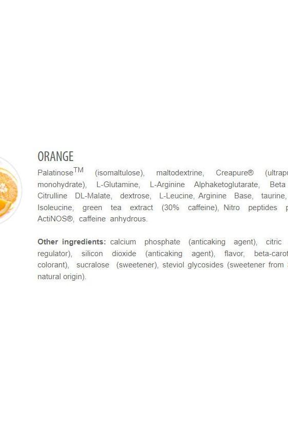 List of ingredients for the orange flavor of Hellnox® supplement, including amino acids and energy sources.