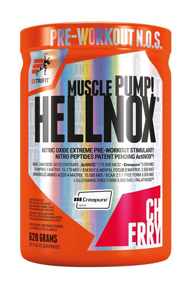 Extrifit Hellnox pre-workout supplement in cherry flavor for muscle growth and energy.