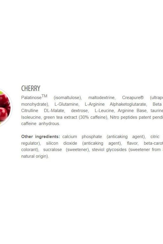 Ingredient list for Cherry flavor supplement by Extrifit, featuring key components for muscle growth and recovery.