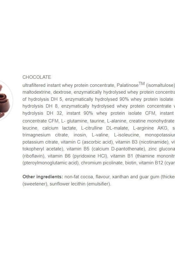 Chocolate flavor whey protein concentrate with various amino acids and vitamins for muscle recovery and growth.