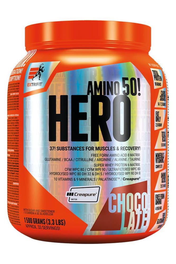 Extrifit Hero protein powder in chocolate flavor for muscle growth and recovery, packed with 371 beneficial ingredients.