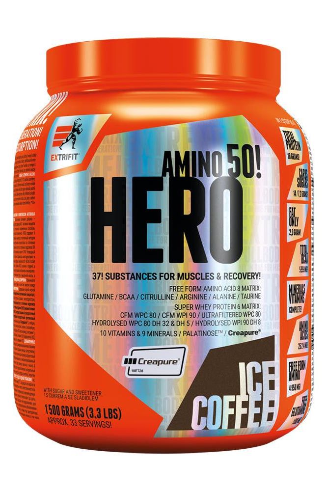 Extrifit Hero Amino 50 powdered supplement for muscle recovery and growth, featuring 371 active ingredients.