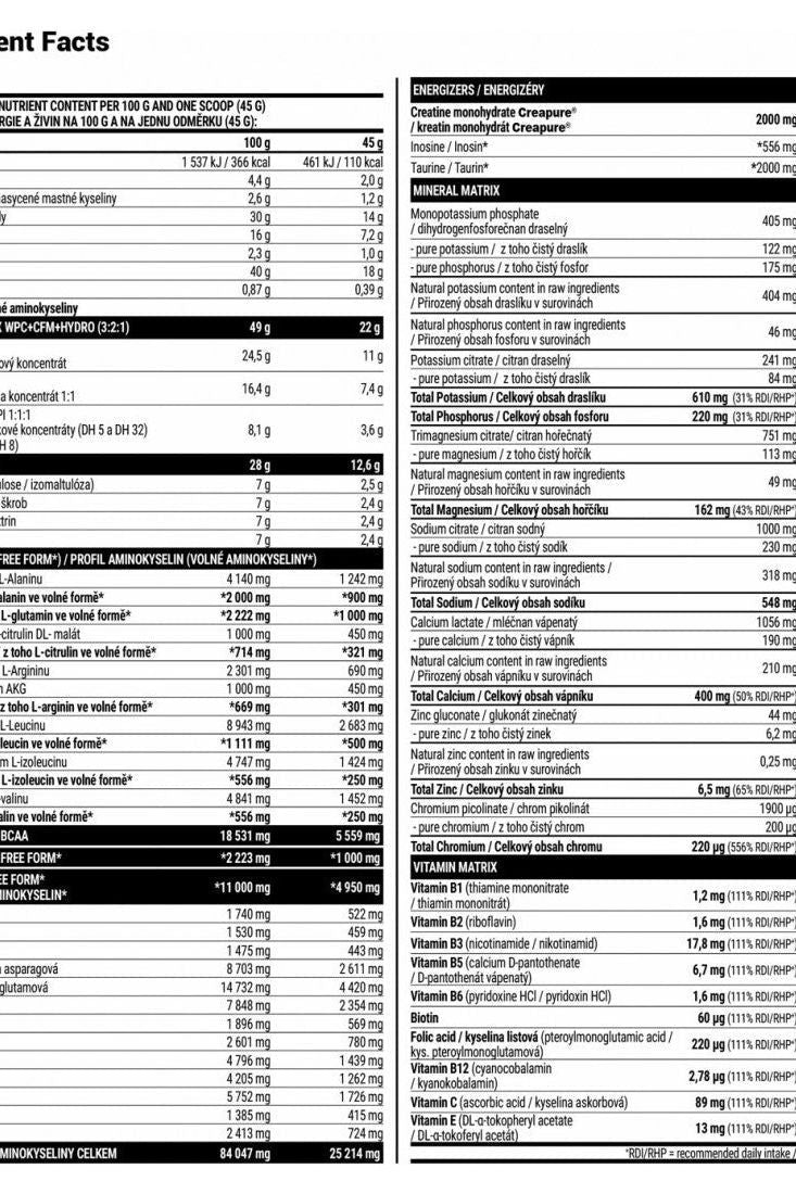 Nutritional facts for Extrifit HERO supplement, detailing ingredients and nutritional content per serving.