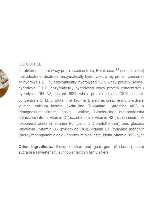 Ice coffee protein shake with whey protein, maltodextrine, and minerals for muscle recovery and energy.