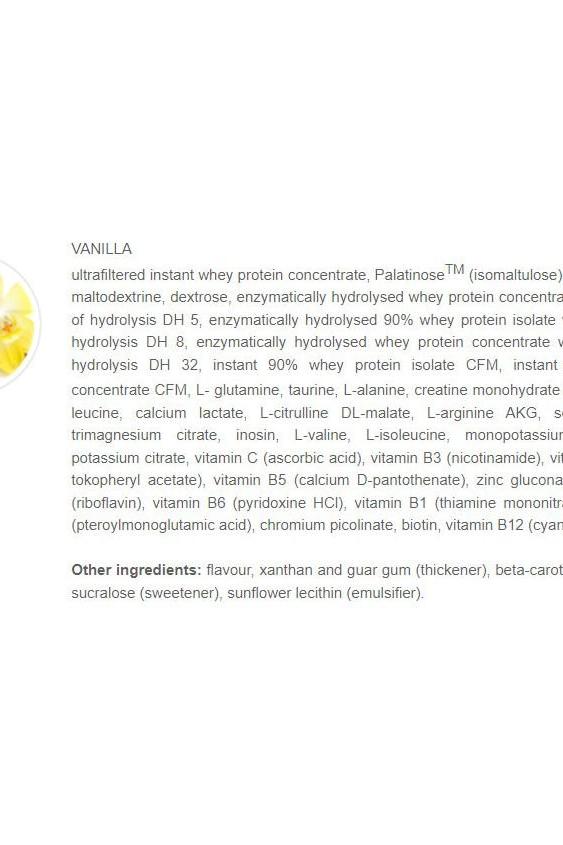 Vanilla flavored instant whey protein concentrate ingredients and nutritional information