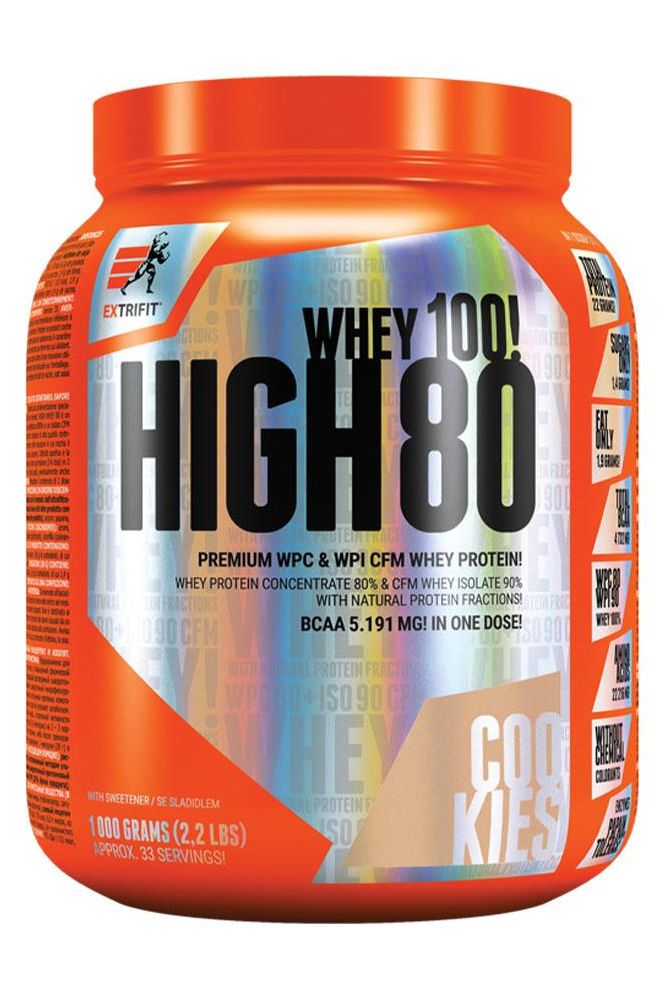 Extrifit High Whey 80 protein powder container in cookies flavor, 1000 grams for muscle growth and recovery.