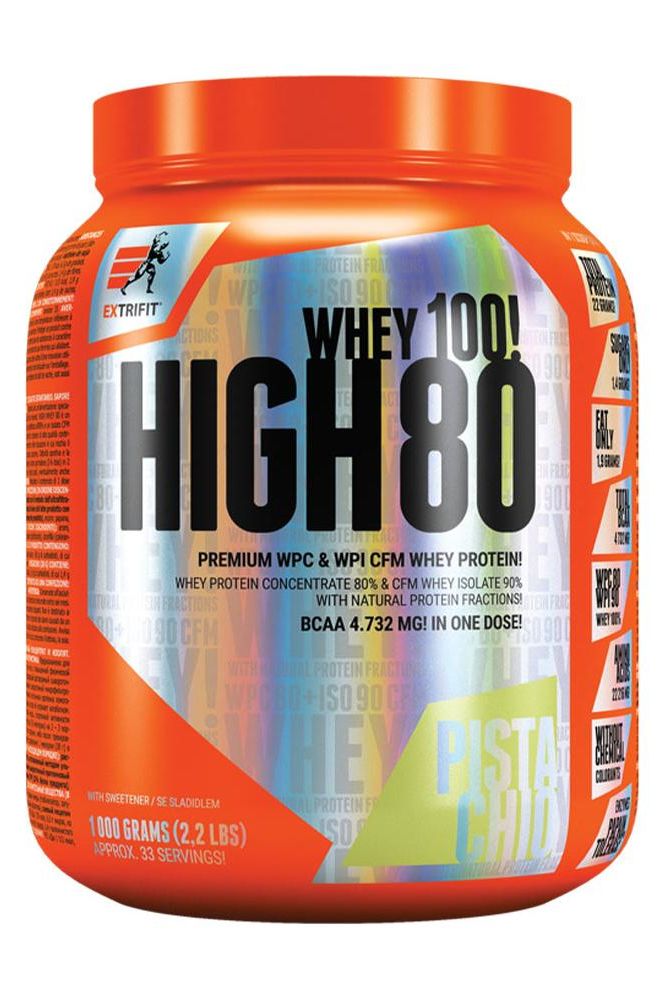Extrifit High Whey 80 protein powder in orange container, 1000 grams, pistachio flavor, high-quality whey protein blend.