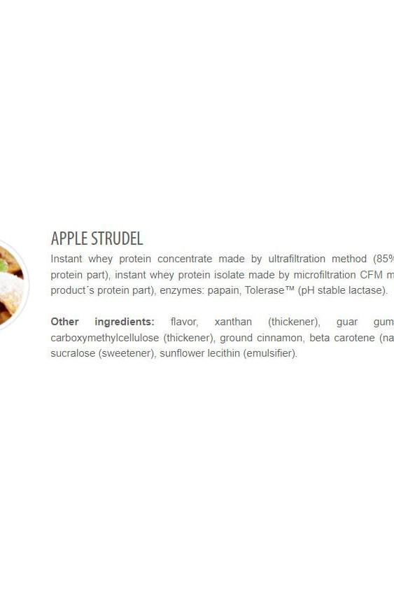 Ingredients list for Apple Strudel protein powder, featuring whey and natural flavorings.