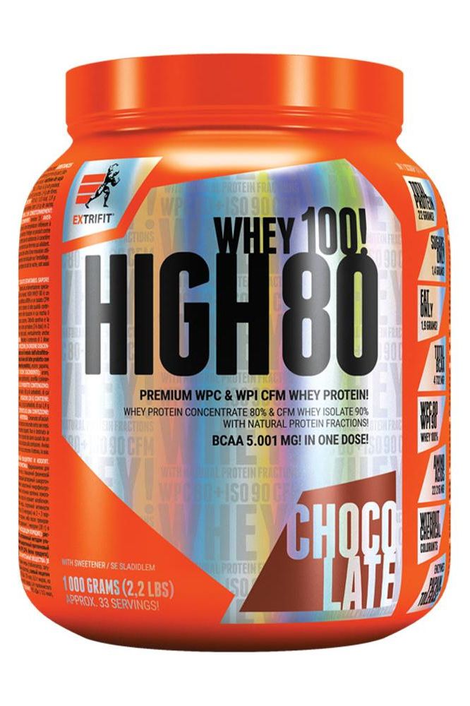 Extrifit High Whey 80 chocolate flavored protein powder for muscle growth, 1000g container.