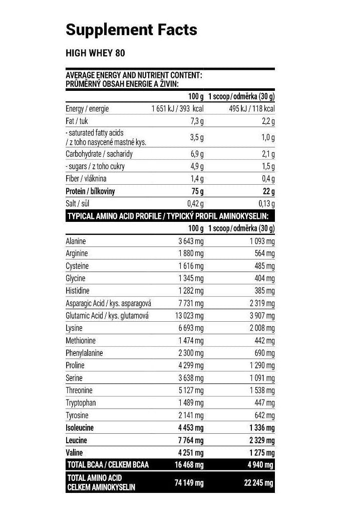 Supplement facts for Extrifit High Whey 80 showcasing nutrients and amino acid profile.