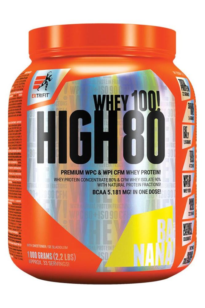 Extrifit High Whey 80 protein powder in banana flavor, 1000 grams, designed for muscle mass growth and high digestibility.
