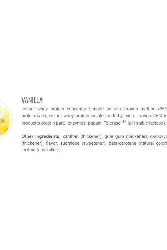 Vanilla flavor ingredients list for high-quality whey protein concentrate and isolate.