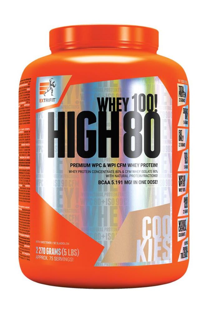 Extrifit High Whey 80 protein powder in orange container, high quality whey protein for muscle growth.
