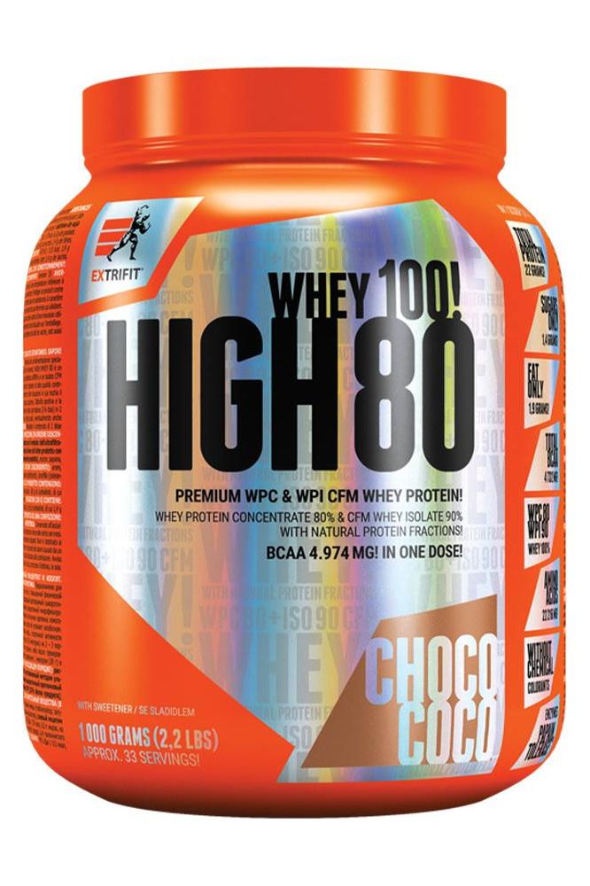 Extrifit High Whey 80 protein powder in chocolate flavor, 1000 grams, ideal for muscle growth and recovery.