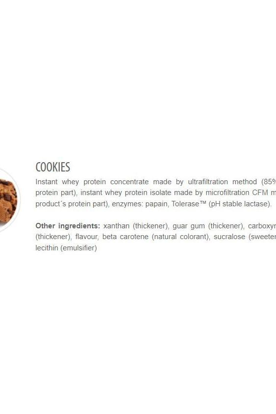 Ingredients list for cookies featuring whey protein concentrate and isolate, with other thickeners and sweeteners.