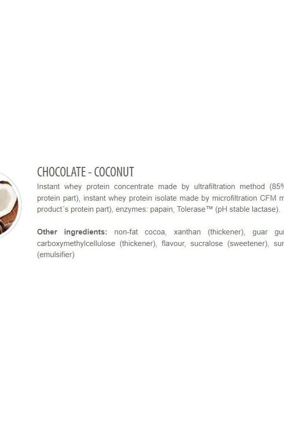 Chocolate coconut flavor whey protein ingredients list including non-fat cocoa and sucralose.
