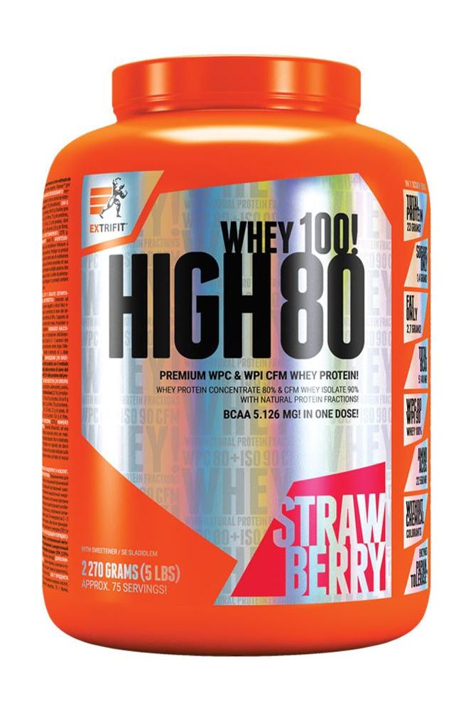Extrifit High Whey 80 strawberry protein powder tub promoting muscle growth and high-quality whey protein.