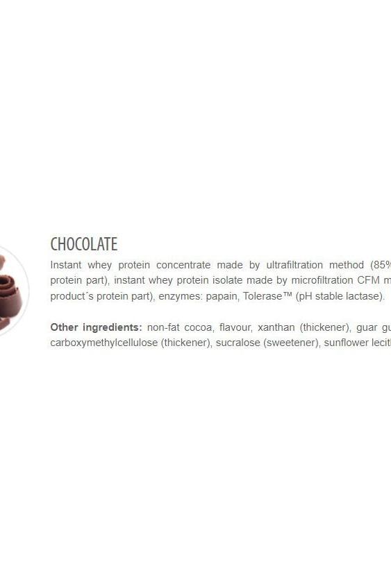 Chocolate flavored whey protein ingredients list including isolate and concentrate for muscle growth.