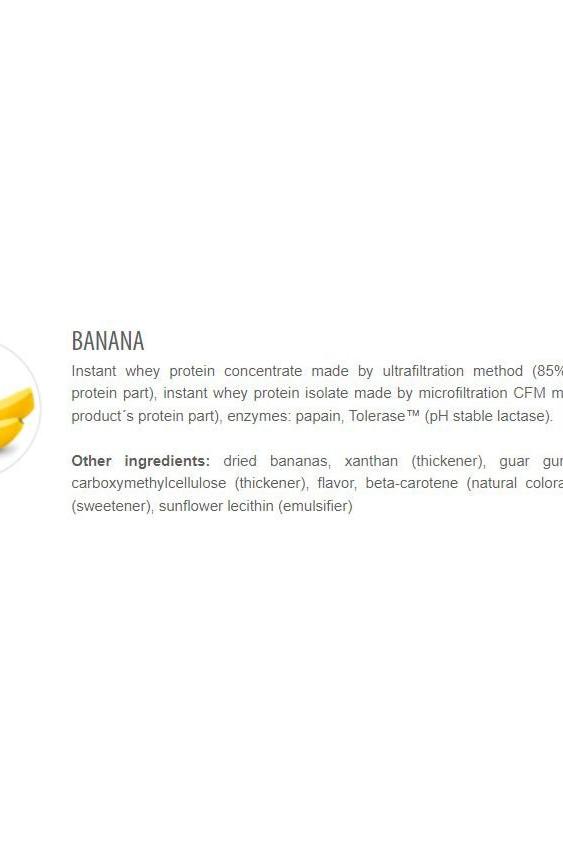 Ingredient list for banana-flavored protein powder, highlighting whey protein and natural additives.