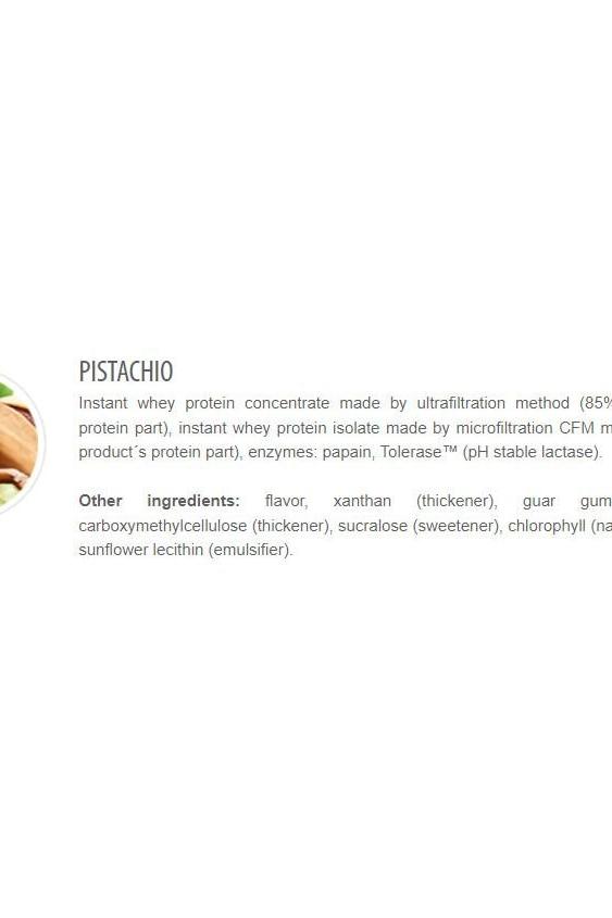 Ingredient list for pistachio-flavored instant whey protein concentrate, detailing components and their functions.