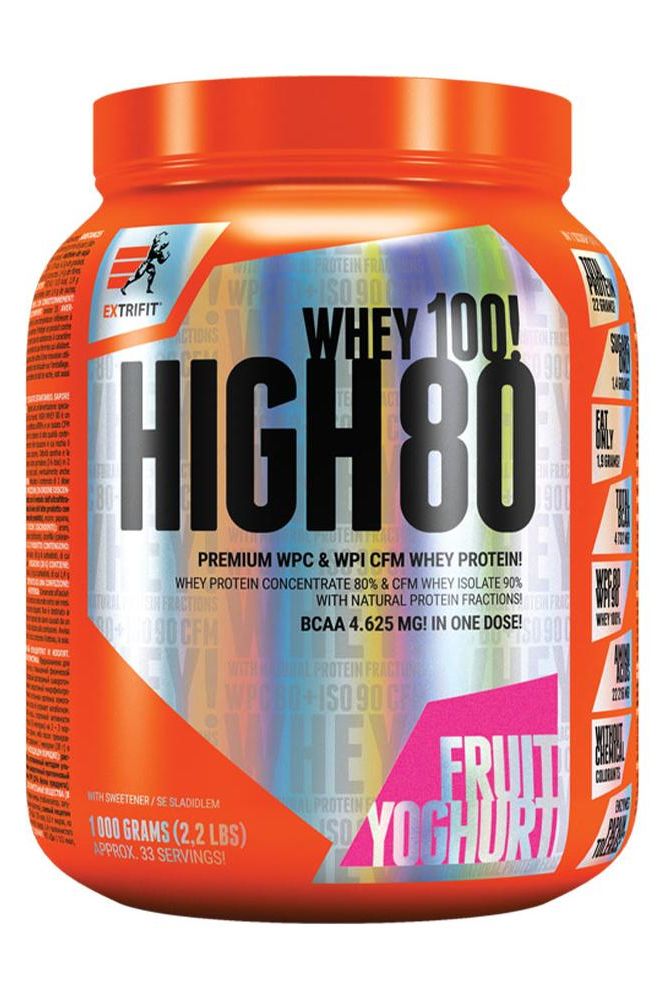 Extrifit HIGH WHEY 80 protein powder in fruit yogurt flavor, 1000 grams, offering 80% whey protein concentration.