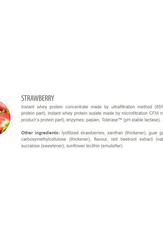 Ingredient list for Extrifit High Whey 80 Strawberry flavor, highlighting whey protein and other additives.