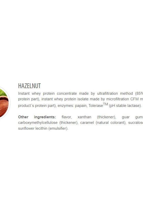 Hazelnut flavor ingredient list for whey protein concentrate and isolate product.