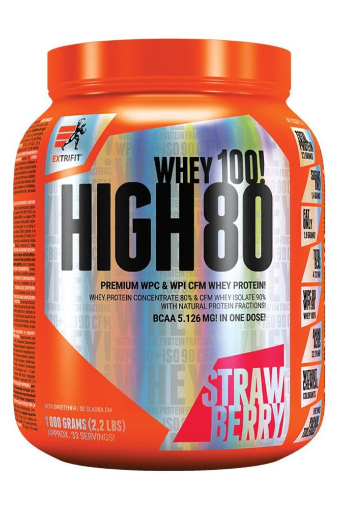 Extrifit High Whey 80 protein powder in strawberry flavor, 1000 grams, promoting muscle growth and easy mixing.