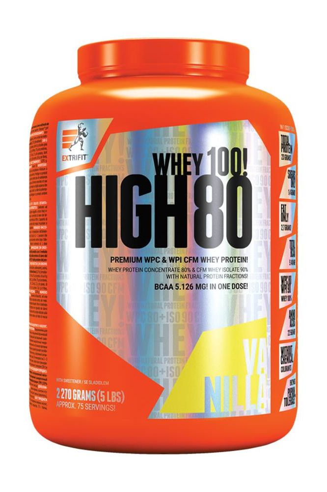 Extrifit High Whey 80 protein powder in orange container, promoting muscle growth with quality whey protein.