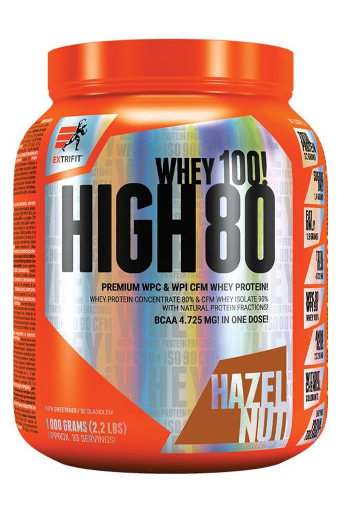 Extrifit High Whey 80 protein powder with hazelnut flavor, 1000 grams, promotes muscle growth and easy mixing.
