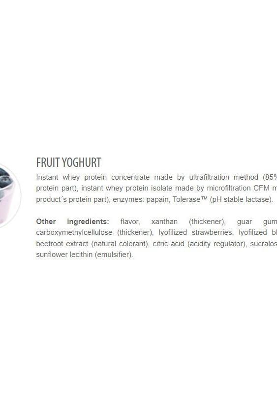 Product image of Fruit Yoghurt with detailed ingredient list and description of whey protein concentrate.
