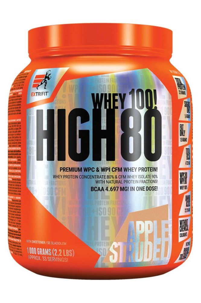 Extrifit High Whey 80 protein powder in apple strudel flavor, 1000 grams packaging, ideal for muscle growth.