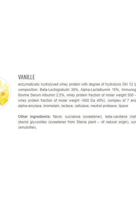 Vanilla flavored hydrolyzed whey protein composition details and ingredients list.