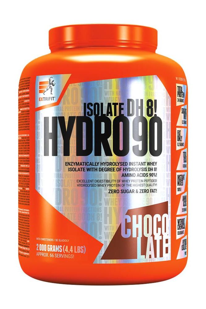 Extrifit Hydro Isolate 90 protein powder in chocolate flavor, zero sugar and fat, promotes quick absorption.