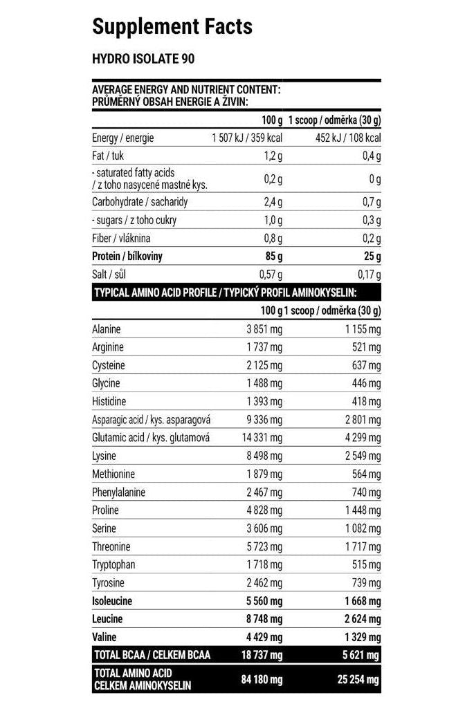 Supplement facts for Extrifit Hydro Isolate 90 displaying energy, protein, and amino acid content.