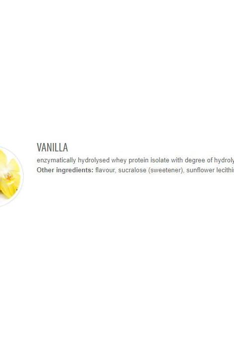 Vanilla-flavored enzymatically hydrolyzed whey protein isolate with additional ingredients.