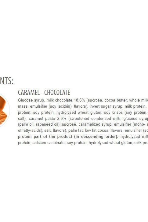 Ingredients list for Extrifit Hydro Protein Bar in Caramel Chocolate flavor, showcasing key protein sources and sweeteners.