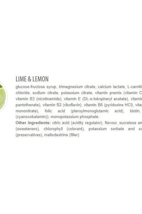 Nutritional information for Extrifit Iontex Liquid in Lime & Lemon flavor, listing ingredients and vitamins.