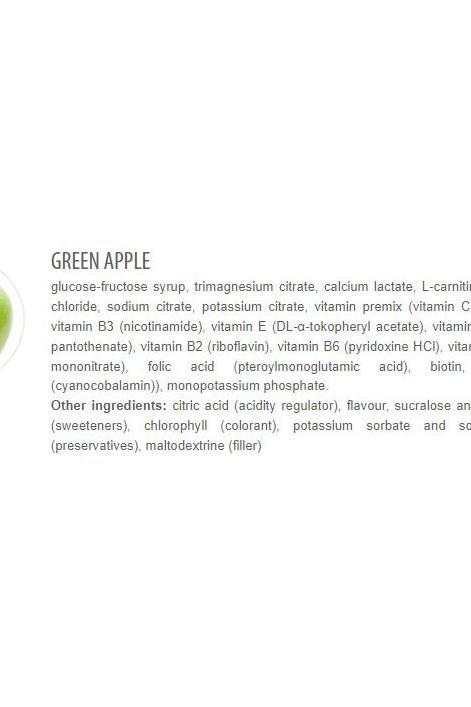 Ingredient list for Extrifit Iontex Liquid in Green Apple flavor, highlighting vitamins and minerals.