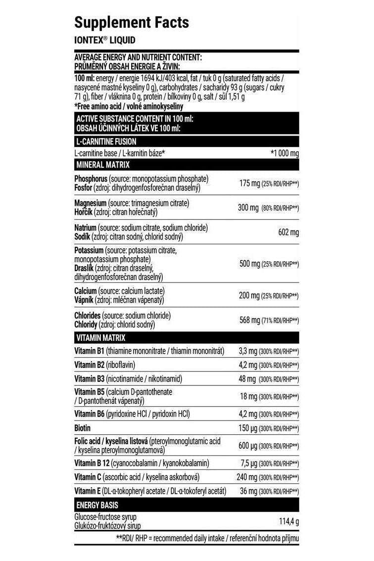 Supplement facts for Extrifit Iontex Liquid, detailing nutrients and active ingredients for optimal energy boost.