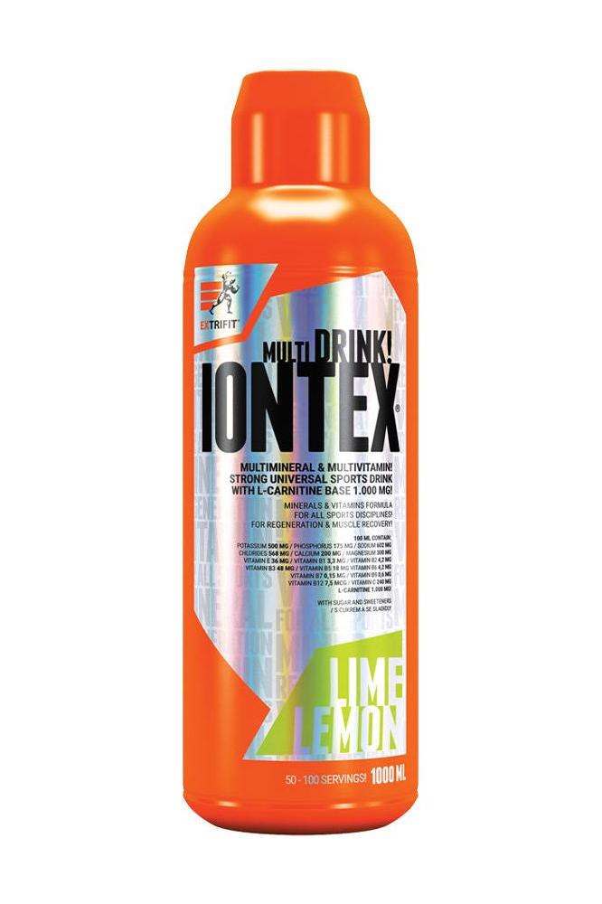 Extrifit Iontex Liquid multi-drink in lime-lemon flavor, packed with vitamins and L-carnitine for energy boost.
