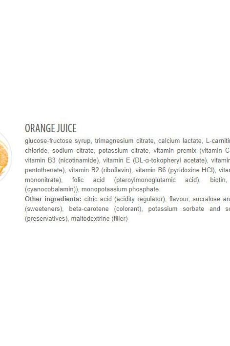 Ingredient list for orange juice, including glucose-fructose syrup, vitamins, and minerals.
