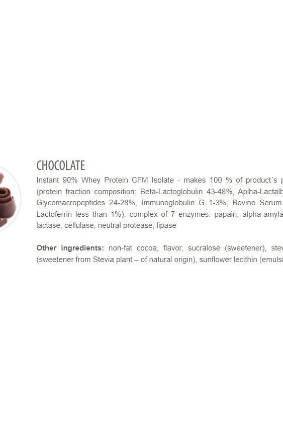 Chocolate flavor Instant 90% Whey Protein CFM Isolate nutritional information and ingredients list.