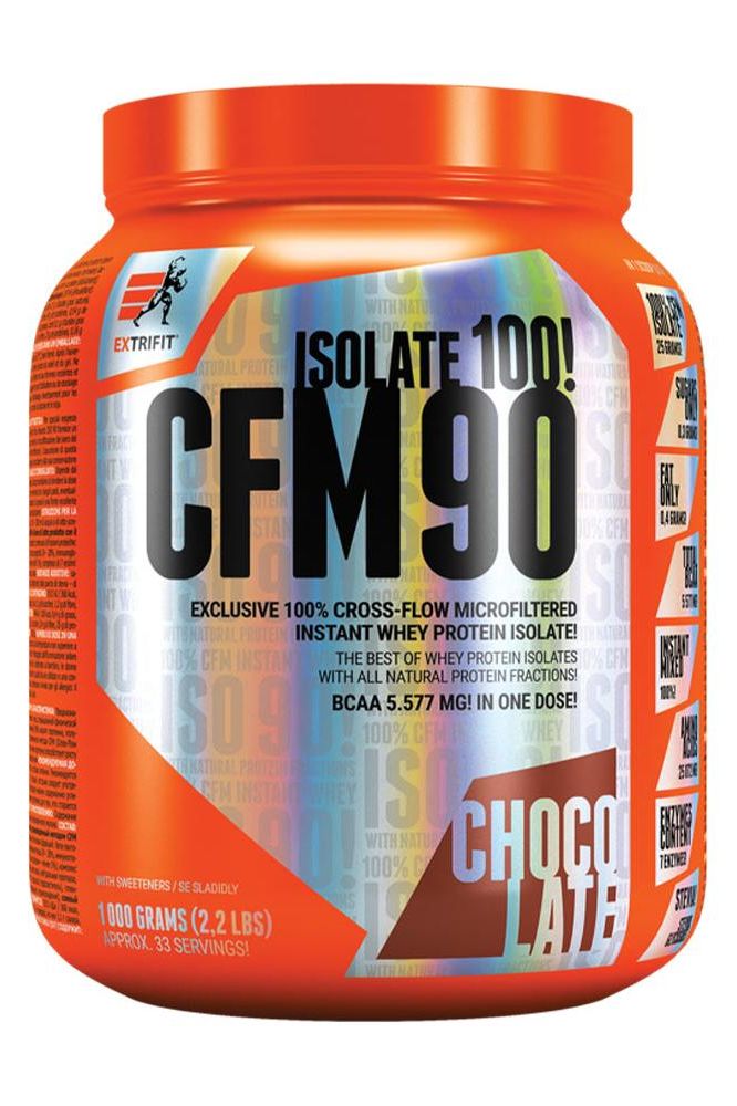 Extrifit Iso 90 CFM Instant Whey protein powder in chocolate flavor, 1000 grams container.
