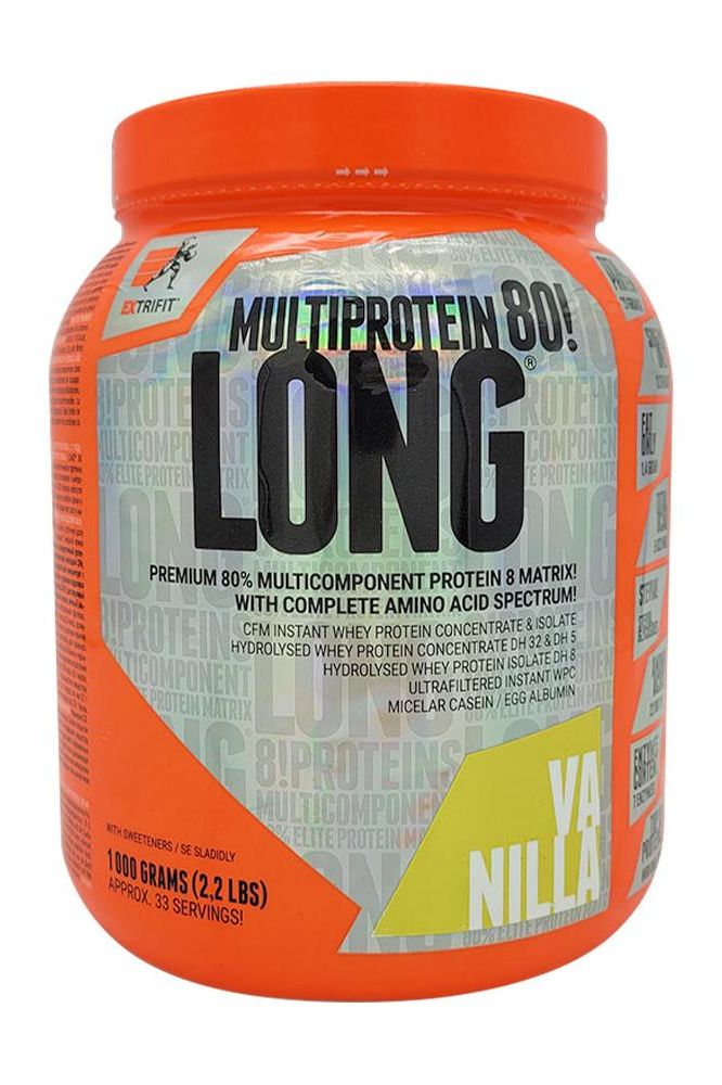 Extrifit Long 80 Multiprotein powder container in vanilla flavor, 1000 grams with 76% protein content.