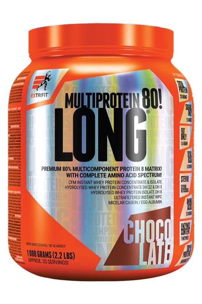 Extrifit Long 80 Multiprotein powder in chocolate flavor, 1000 grams, for muscle growth and sustained protein supply.