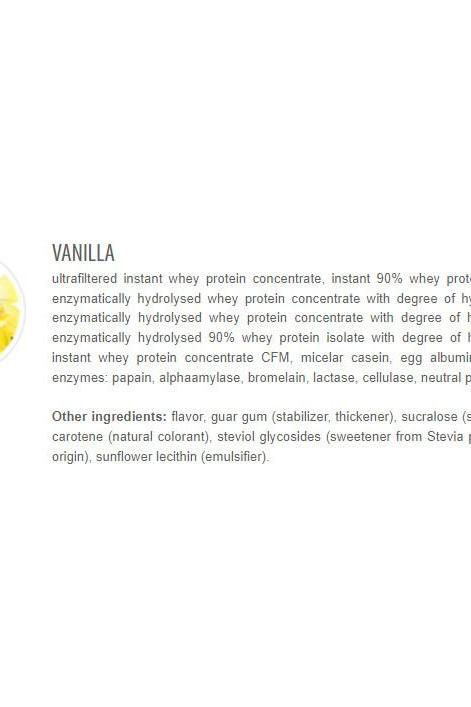 Vanilla protein powder ingredients list featuring whey protein concentrate and hydrolyzed enzymes.