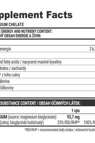 Extrifit Magnesium Chelate supplement facts label showcasing nutrient content and dosage information.