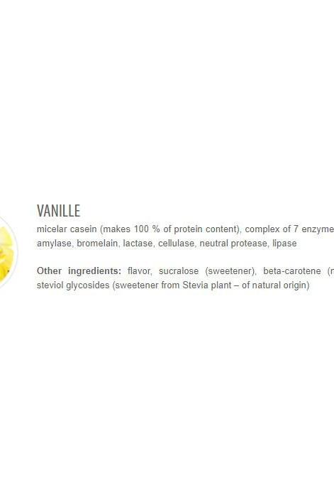 Ingredient list for Extrifit Micelar Casein vanilla flavor, including proteins and enzymes.